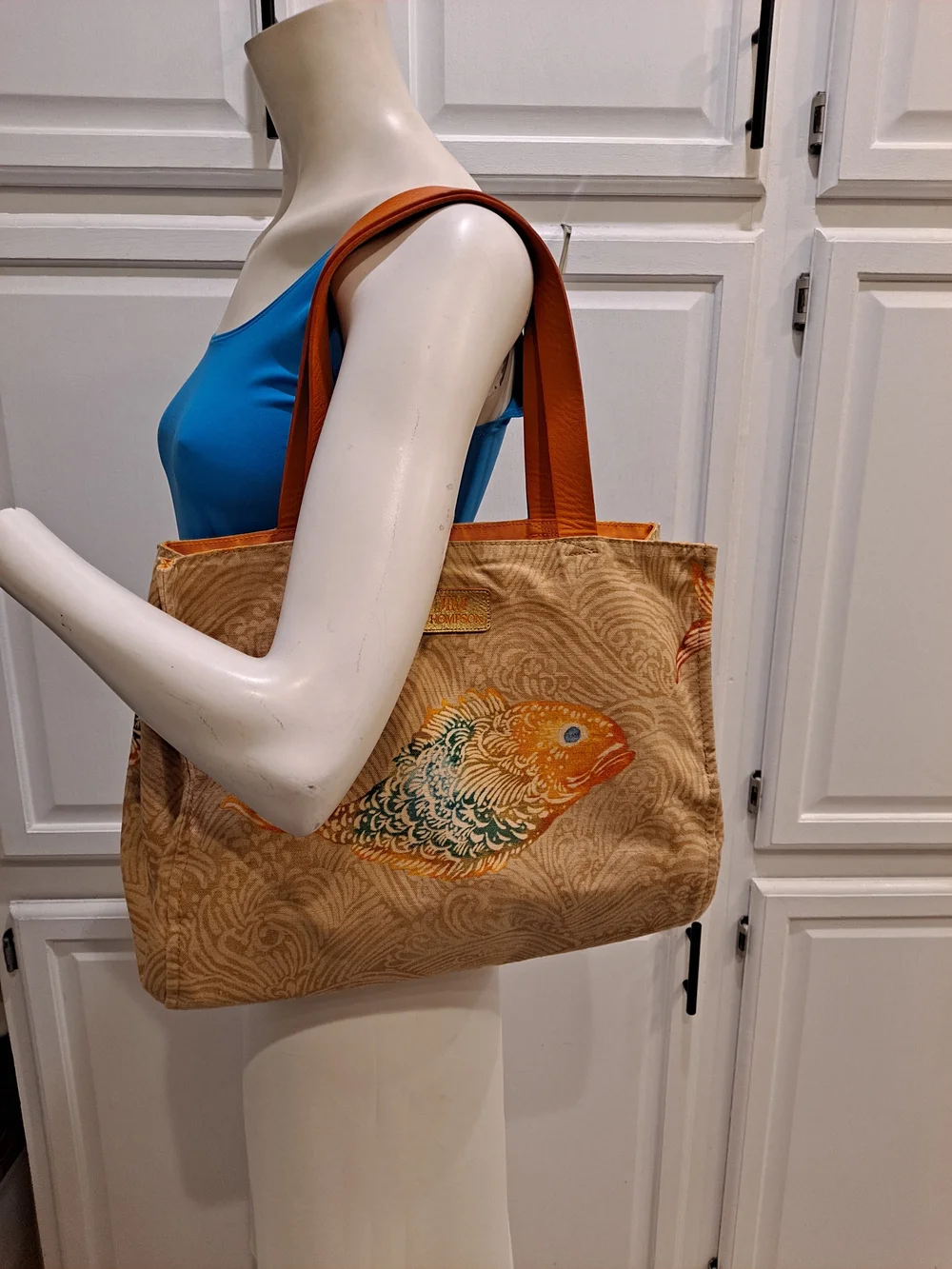 Jim Thompson Vintage 'Meena' Beige Orange Canvas Tote Iconic Barramundi Fish